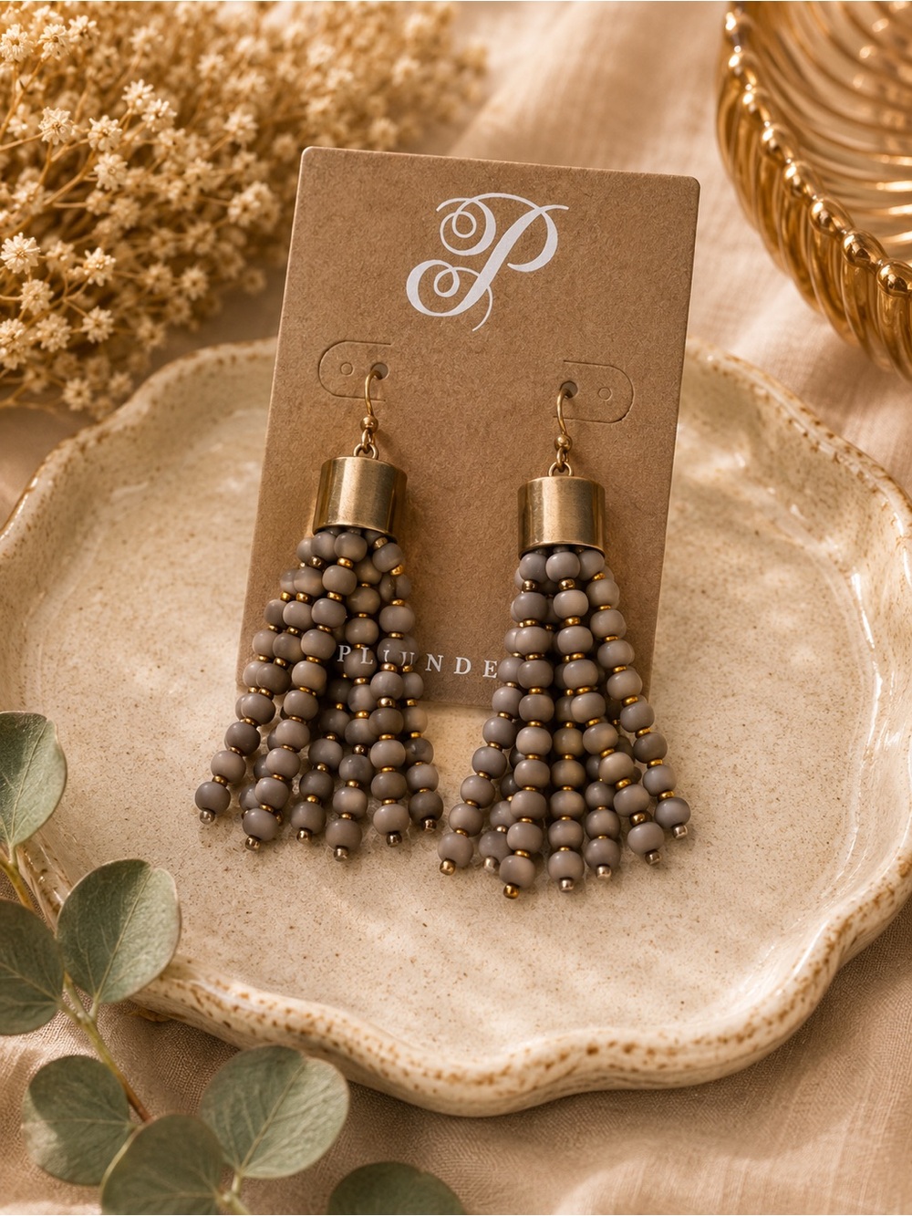 Plunder Beaded Tassel Drop Earrings in Taupe and Gold